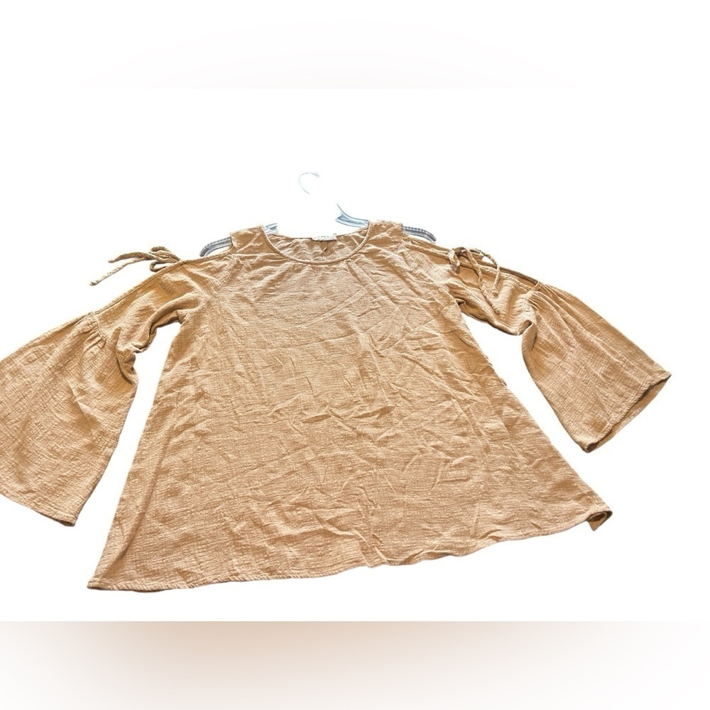 P Cill Womens Sz L Gauze Tan Open Bell Sleeve Tunic Top Lagenlook Boho